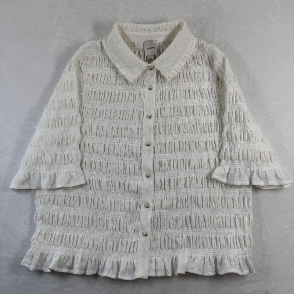 Maeve Anthropologie Ivory White Smocked Button Down Ruffle Blouse Plus Size 1X